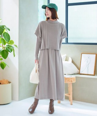 Tiaclasse 【2点セット・洗える】細ケーブルニットトップス＆ニットワンピース グレージュ