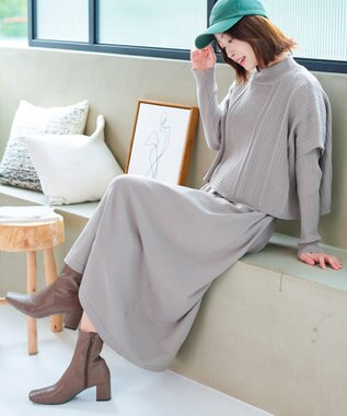 Tiaclasse 【2点セット・洗える】細ケーブルニットトップス＆ニットワンピース グレージュ