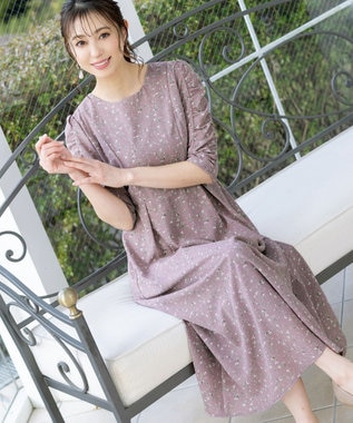 Tiaclasse 【洗える】ギャザースリーブ花柄ワンピース ラベンダー