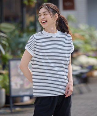 ANY L 【大好評につき新色登場！】モックネックフレンチスリーブ ボーダーＴシャツ ホワイト×ブラック