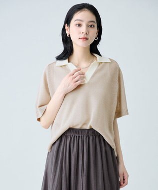 ANY ラミータッチバイカラーポロ衿スキッパーニット サンドベージュ