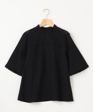 組曲 【WEB限定色あり】エンブロイダリーレース　ハイネック半袖ブラウス ブラック系
