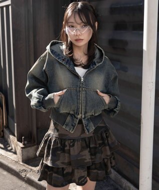 WEGO デニムショートフードブルゾン デニム中濃加工色