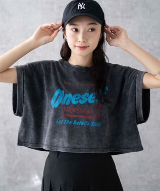 WEGO 【洗える】ヴィンテージウォッシュロールアップショートTシャツ スミクロ