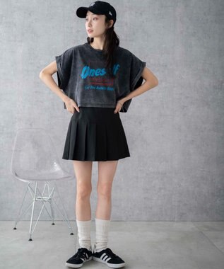 WEGO 【洗える】ヴィンテージウォッシュロールアップショートTシャツ スミクロ