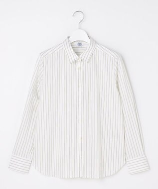 J.PRESS LADIES BEZコットンナイロン ストライプ シャツカラー ブラウス ホワイト×ライム×グレー系
