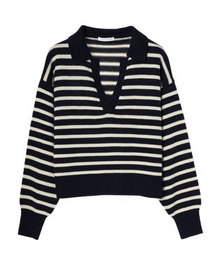 Green Parks キーネックボーダープルオーバー Navy