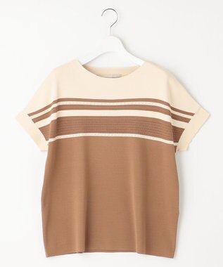 自由区 【洗える】クレープストレッチブロッキングボーダー ニット ブラウン系1