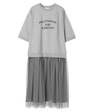 Green Parks ７分袖チュールドッキングロゴワンピース Gray Mixture