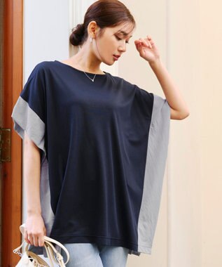 Tiaclasse 【洗える】配色カットソードルマントップス ネイビー