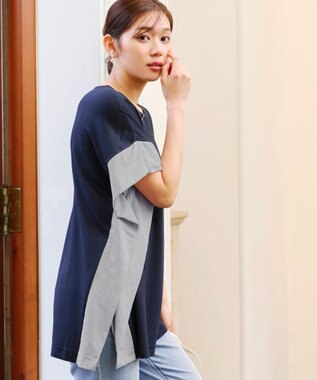 Tiaclasse 【洗える】配色カットソードルマントップス ネイビー