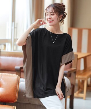 Tiaclasse 【洗える】配色カットソードルマントップス ブラック