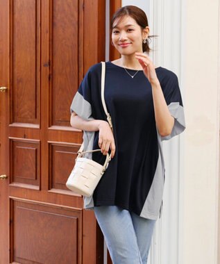 Tiaclasse 【洗える】配色カットソードルマントップス ネイビー