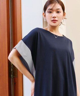 Tiaclasse 【洗える】配色カットソードルマントップス ネイビー
