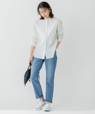 23区 L 【洗える】CANCLINI バンドカラー シャツ ホワイト×マリンブルーストライプ