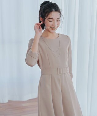 Tiaclasse L 【3WAY】リボンブローチ＆ベルト付きフレアワンピース グレージュ