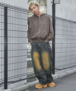 WEGO 【ユニセックス着用ITEM】ピグメントダメージアップリケZIPパーカー ブラウン