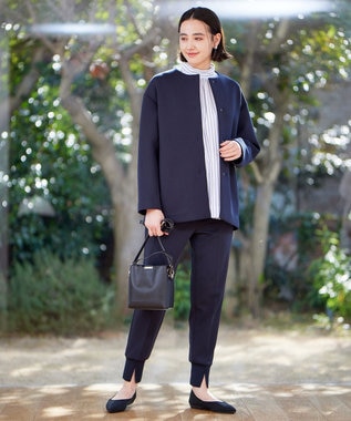 UNFILO イージーケア ギャザーブラウス ブルーストライプ