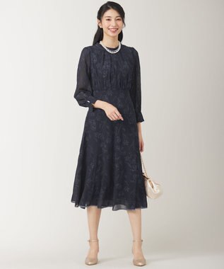 ANY SIS S 【洗える】ラインエンブロイダリー ドレス ネイビー