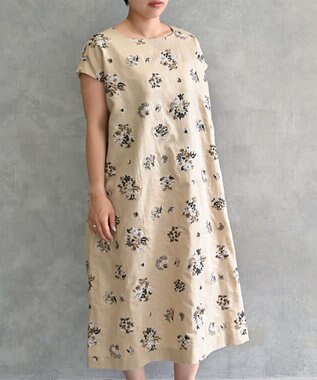 muuc 〈コットン×リネン〉〈高品質なドライタッチ生地〉野小花刺繍ゆったりワンピース ベージュ