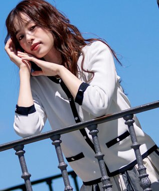 Tiaclasse 【洗える】配色使い総針袖リボンカーデ オフ×ブラック