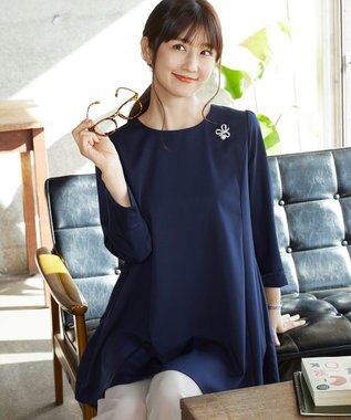 Tiaclasse L 【小倉優子さん着用・選べる袖TYPE・洗える】バックフレアチュニック 七分袖ネイビー
