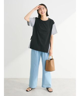 Green Parks 脇リボン５分袖布帛ドッキングプルオーバー Black