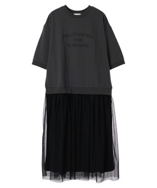 Green Parks ７分袖チュールドッキングロゴワンピース Charcoal Gray