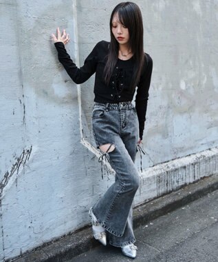 WEGO カットアウトリボンストレッチデニムフレアパンツ デニムブラックソノタ