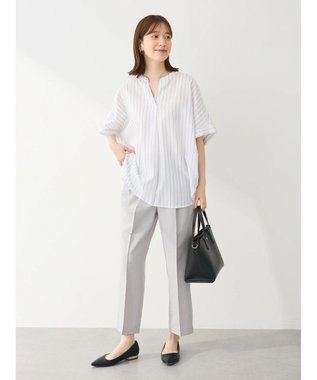 Green Parks 綿麻混フレンチスリーブスキッパーシャツ Stripe Ivory