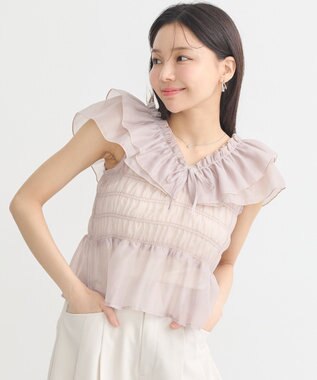 earth music&ecology ダブルフリルノースリブラウス Pink Beige
