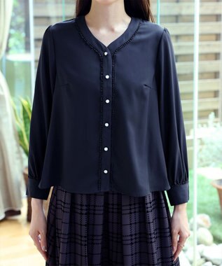 Tiaclasse 【洗える】Vネックレースブラウス ネイビー