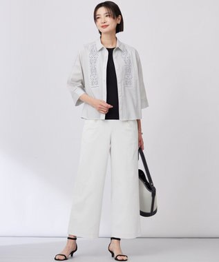 J.PRESS LADIES 【洗える・接触冷感・UVケア・吸水速乾・防透け】麻シェルドライ ワイドストレート マリン パンツ ナチュラル系