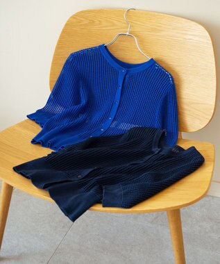 組曲 L 【前後着用可】メッシュ5分袖ニット カーディガン ウルトラマリンブルー系