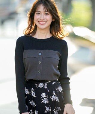 ANY SIS S ビスチェ風 長袖 ニット チャコール×ネイビー