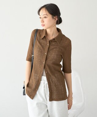 earth music&ecology ストレッチレース襟付シャツ Brown