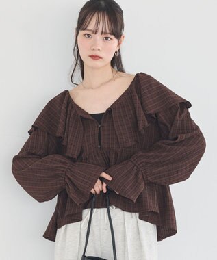 earth music&ecology 【予約】ラッフルカラーカットブラウス チェックブラウン