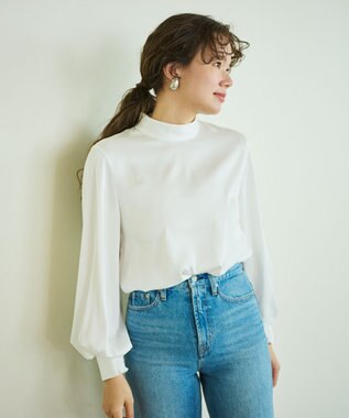 #Newans 【ストレッチ】〈花乃まりあさんコラボ〉ハイネックブラウス ホワイト