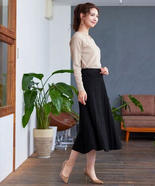 Tiaclasse L 【洗える】アラン柄ニットフレアスカート ブラック