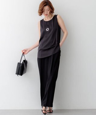 23区 【接触冷感/UVカット/吸水速乾】ストレッチジョーゼット ワイド パンツ ブラック系