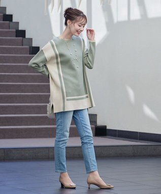 Tiaclasse 【新色追加・洗える】配色ニットチュニック ミント×アイボリー