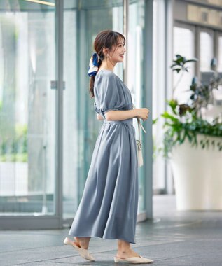 Tiaclasse L 【洗える】麻調ギャザーワンピース ブルー