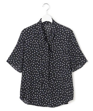 ICB 【先行予約】BackSatinAmunzen 5分袖配色ボウタイブラウス ブラック×ミックスモチーフドット