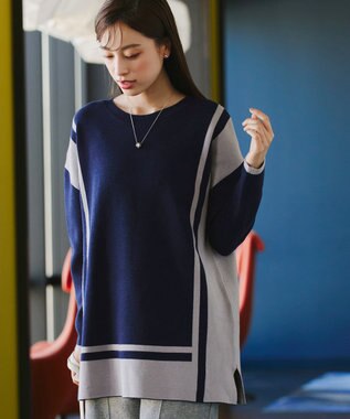 Tiaclasse 【新色追加・洗える】配色ニットチュニック ネイビー×グレー