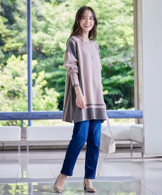 Tiaclasse 【新色追加・洗える】配色ニットチュニック グレージュ×チャコールグレー