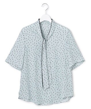 ICB 【先行予約】BackSatinAmunzen 5分袖配色ボウタイブラウス サックスグレー×ミックスモチーフドット