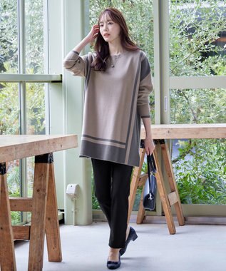 Tiaclasse 【新色追加・洗える】配色ニットチュニック グレージュ×チャコールグレー