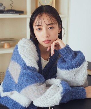 earth music&ecology フェザーミックスインターシャカーディガン Blue