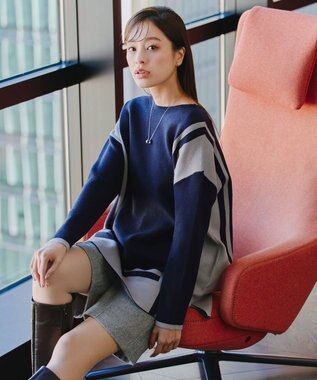 Tiaclasse 【新色追加・洗える】配色ニットチュニック ネイビー×グレー