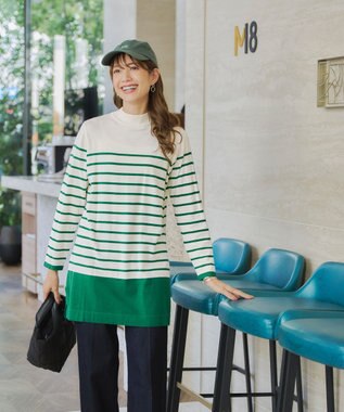 Tiaclasse 【洗える】ボーダーニットチュニック オフホワイト×グリーン